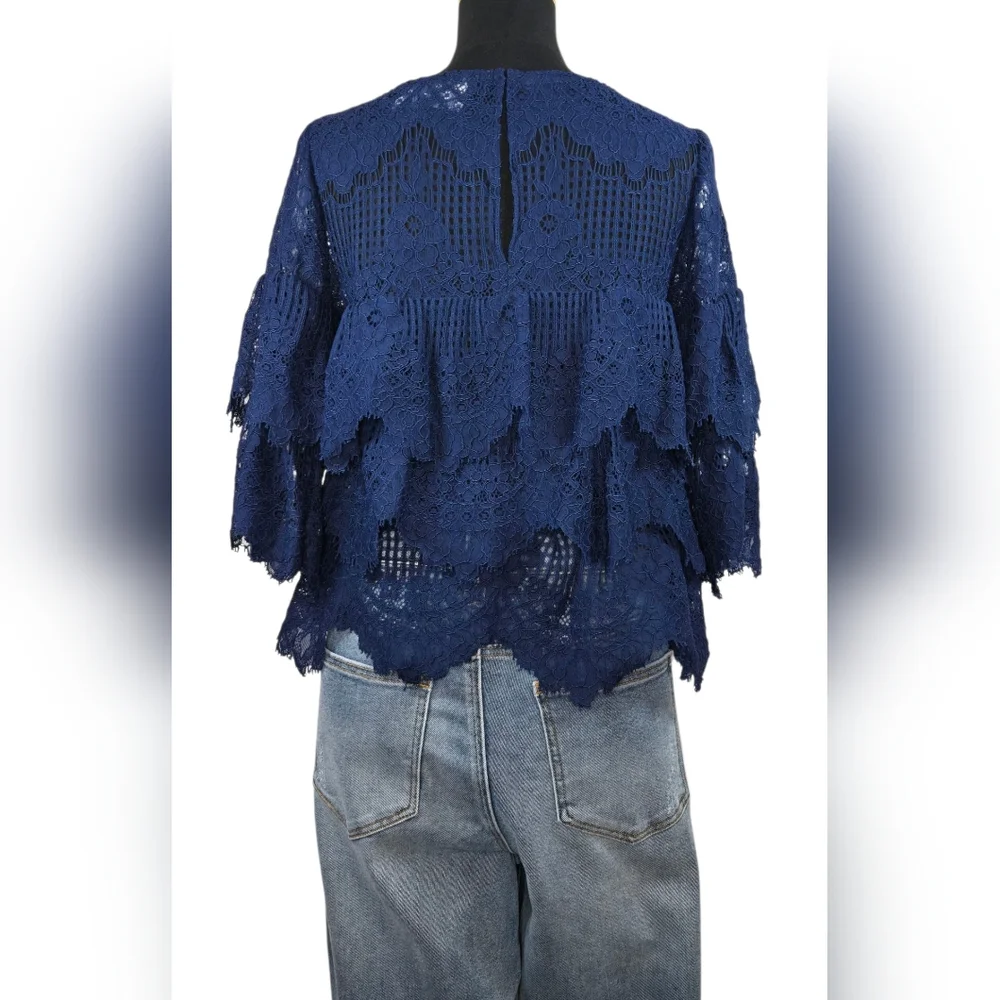 Elena Antoniades London Navy Blue Lace Tiered Blouse M | Floral Crochet Top